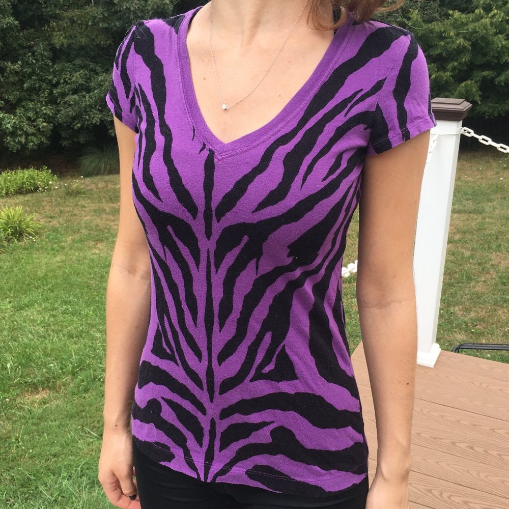 Purple and black zebra shirt v-neck